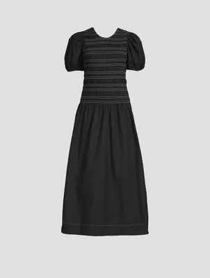 Puff-Sleeve Smocked Organic Cotton Midi Dress