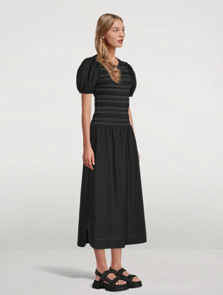 Puff-Sleeve Smocked Organic Cotton Midi Dress