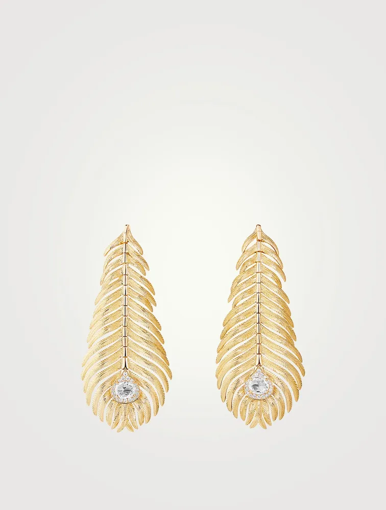 Large Plume De Paon Gold Pendant Earrings With Diamonds