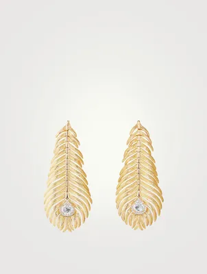 Large Plume De Paon Gold Pendant Earrings With Diamonds
