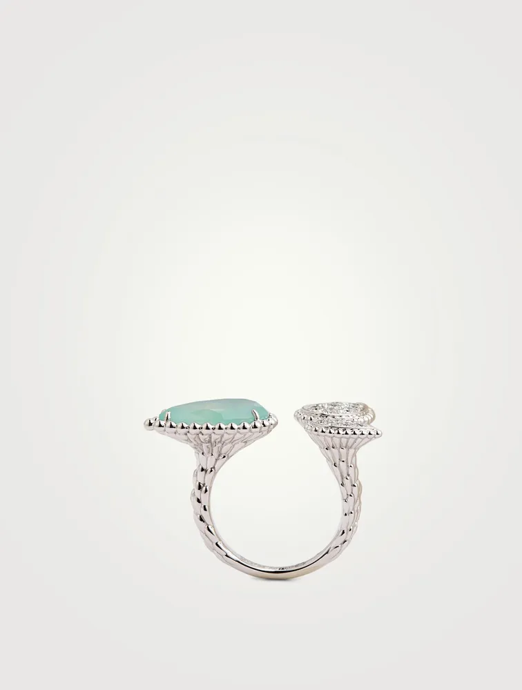 Serpent Bohème Three Motif White Gold Ring With Aquaprase And Diamonds