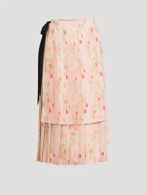 Double Layer Pleated Midi Skirt Floral Print