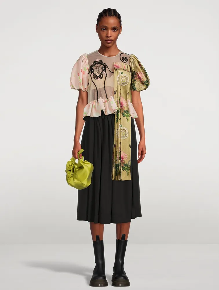 Puff-Sleeve Blouse With Pleated Patch