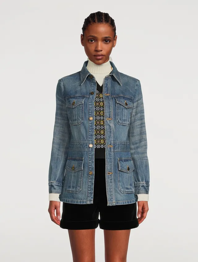 Floral Jacquard Cropped Denim Jacket