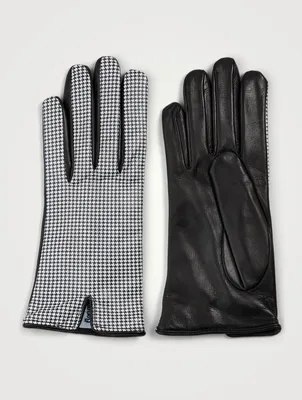Leather Houndstooth Gloves With Cashmere Lining