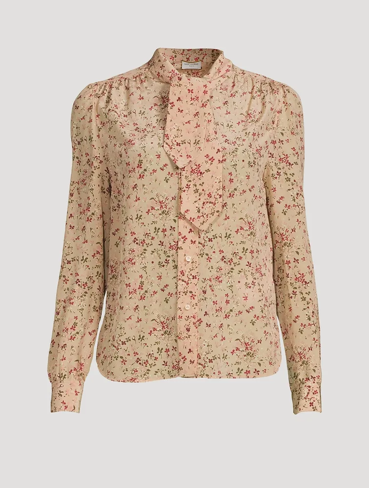 Crepe de Chine Silk Tie-Neck Blouse Floral Print