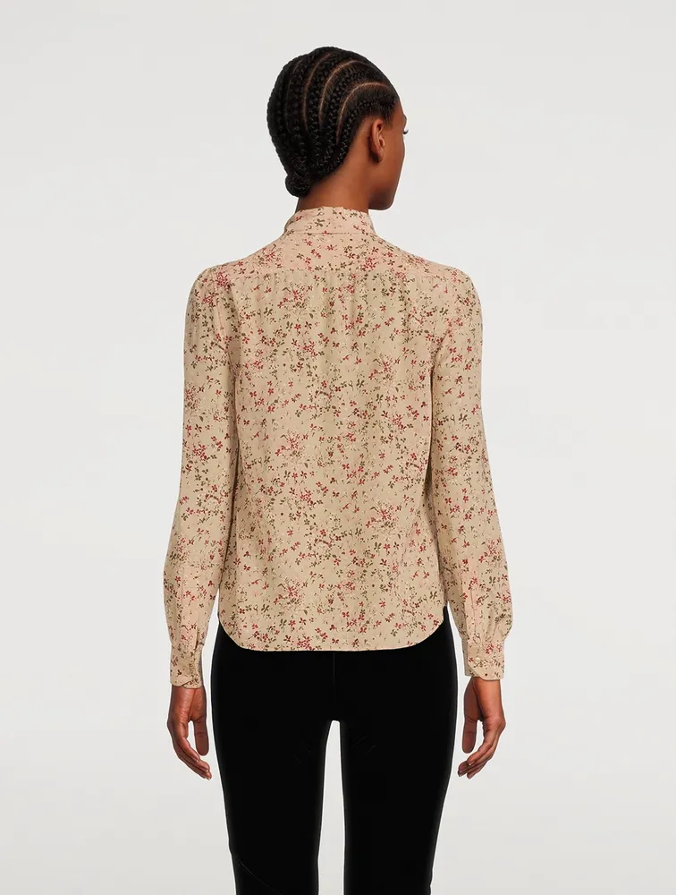 Crepe de Chine Silk Tie-Neck Blouse Floral Print