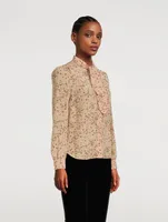 Crepe de Chine Silk Tie-Neck Blouse Floral Print