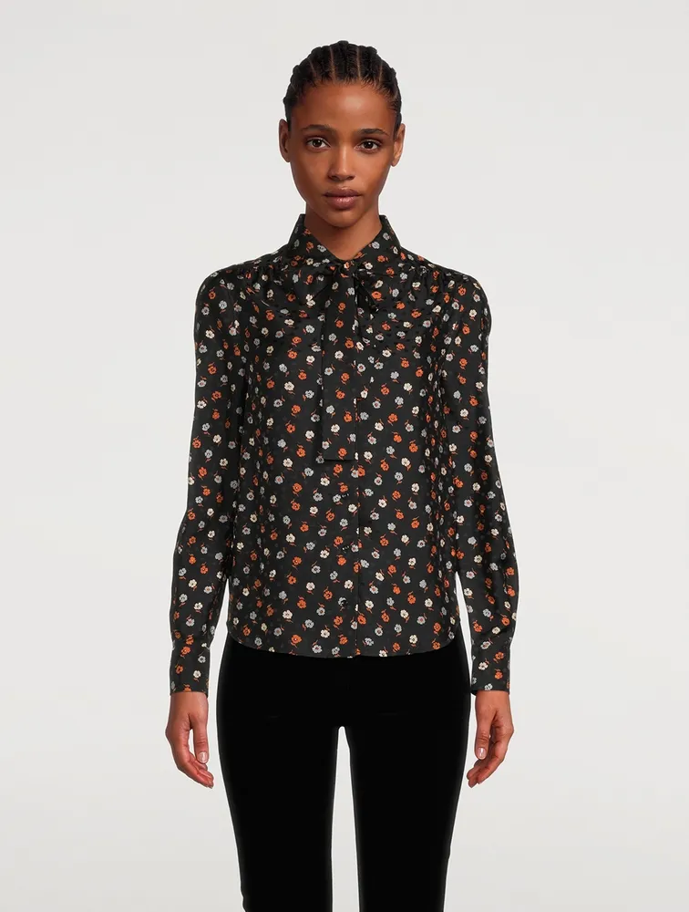 Cotton Tie-Neck Blouse Floral Print