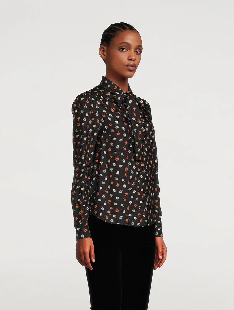 Cotton Tie-Neck Blouse Floral Print