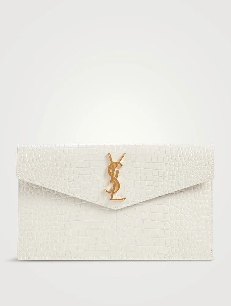 Saint Laurent Uptown Medium YSL Monogram Croc-Embossed Pouch Bag