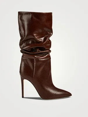 Slouchy Lizard-Embossed Leather Mid-Calf Boots