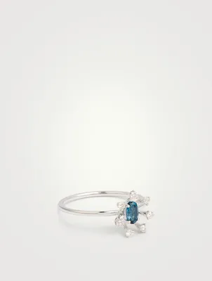 Bestow 18K White Gold Flower Ring With Blue Topaz And Diamonds