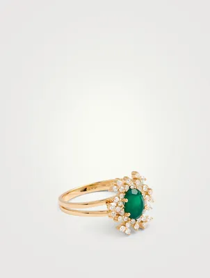 Bestow 18K Gold Flower Ring With Green Onex And Diamonds