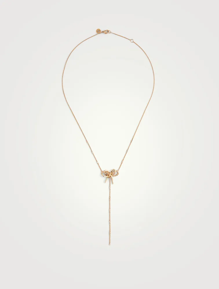Romance 18K Rose Gold Ribbon Lariat Necklace With Diamonds