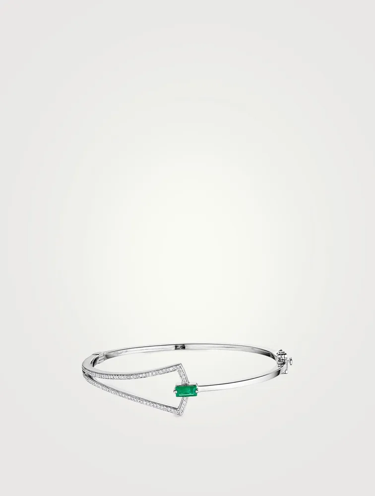 Spectrum 18K White Gold Bangle Bracelet With Diamonds And Emerald
