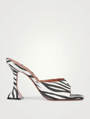 Lupita Satin Heeled Mule Sandals Zebra Print