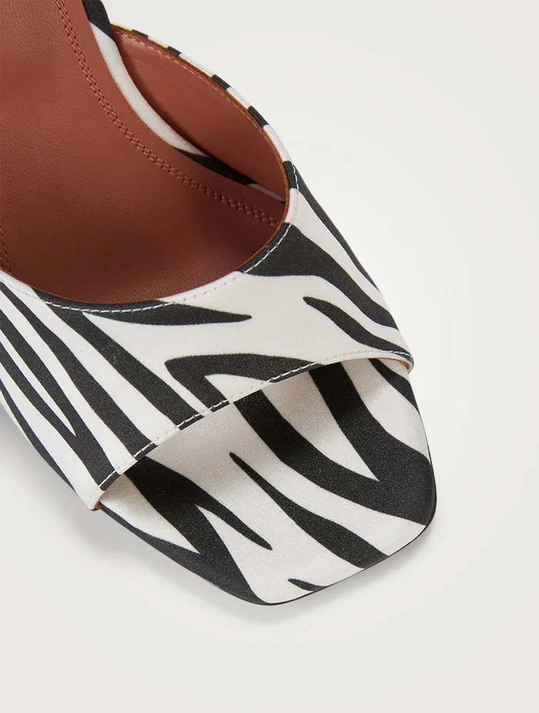 Lupita Satin Heeled Mule Sandals Zebra Print