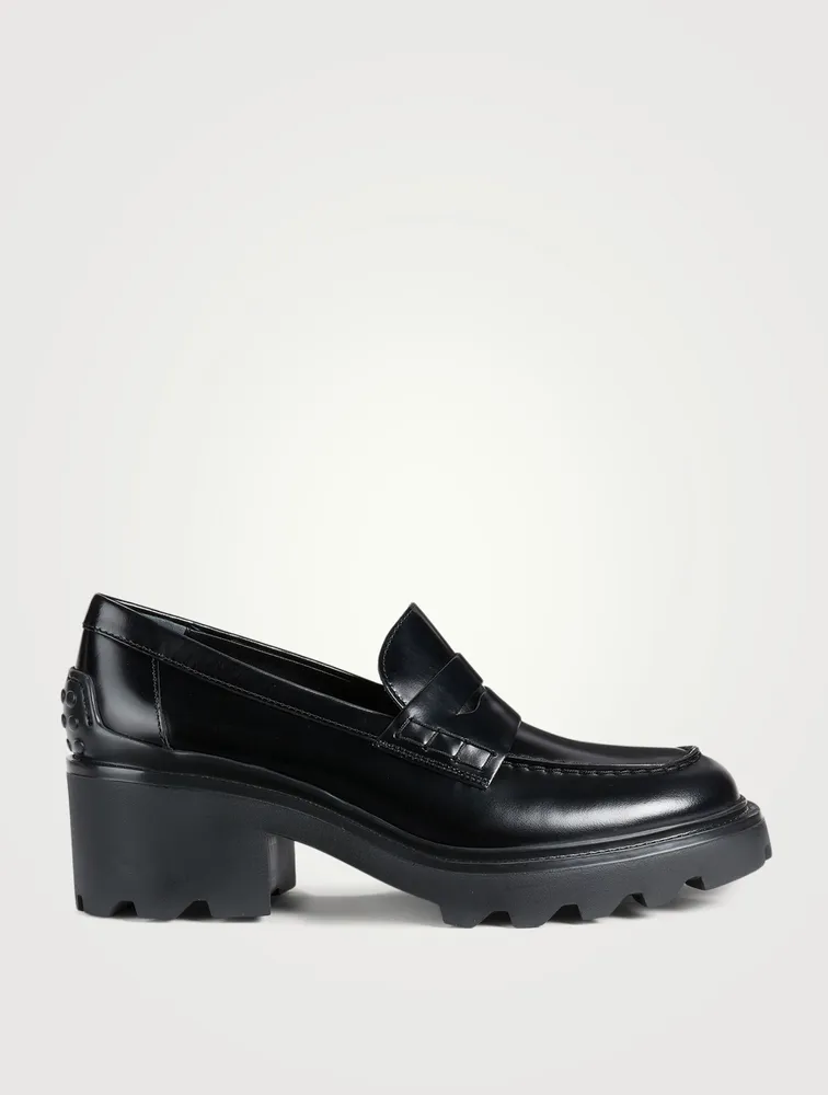 Block-Heel Leather Penny Loafers