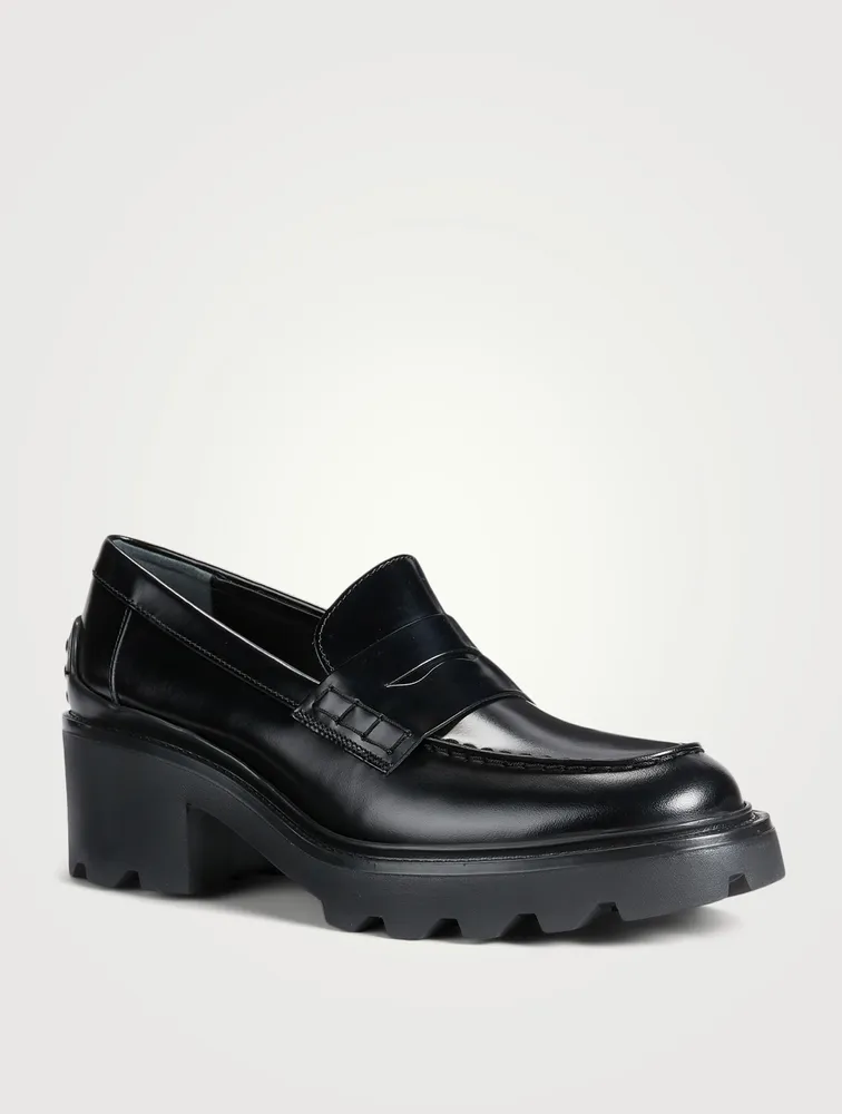 Block-Heel Leather Penny Loafers