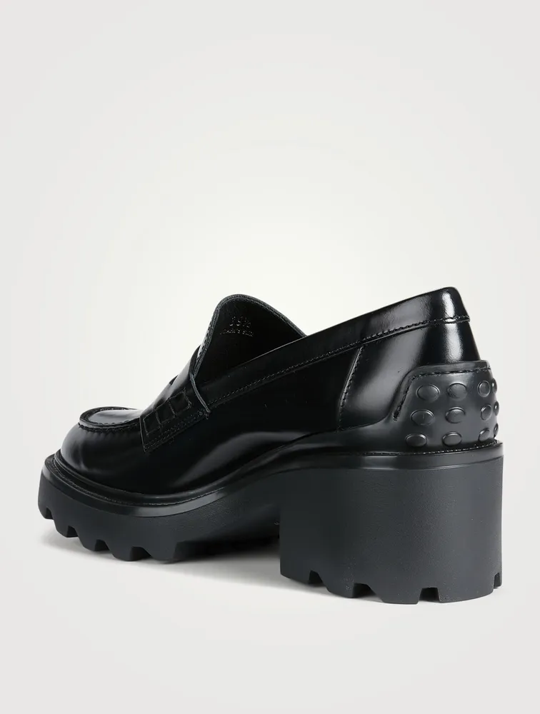 Block-Heel Leather Penny Loafers