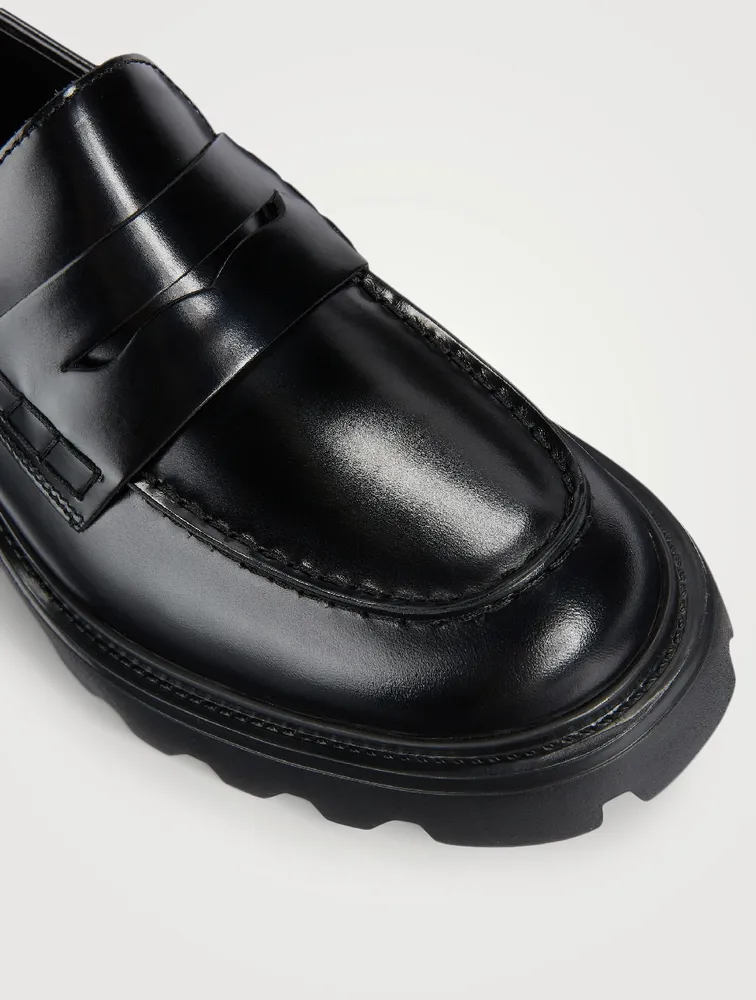 Block-Heel Leather Penny Loafers