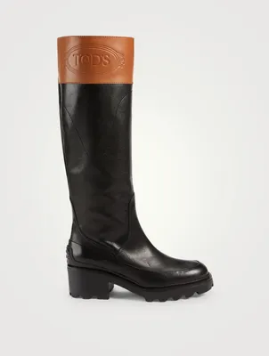 Logo-Debossed Leather Knee-High Boots