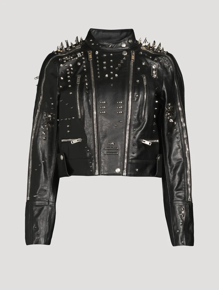 Leather Cropped Jacket With Metallic Studs