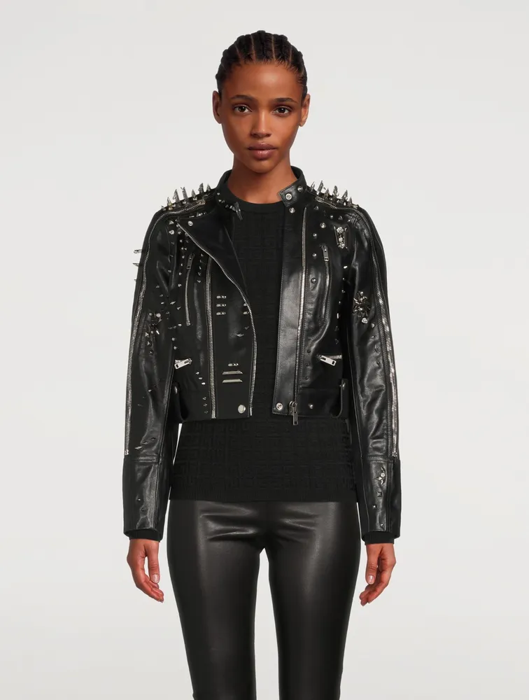 Leather Cropped Jacket With Metallic Studs