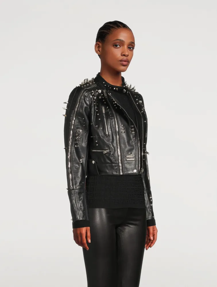 Leather Cropped Jacket With Metallic Studs