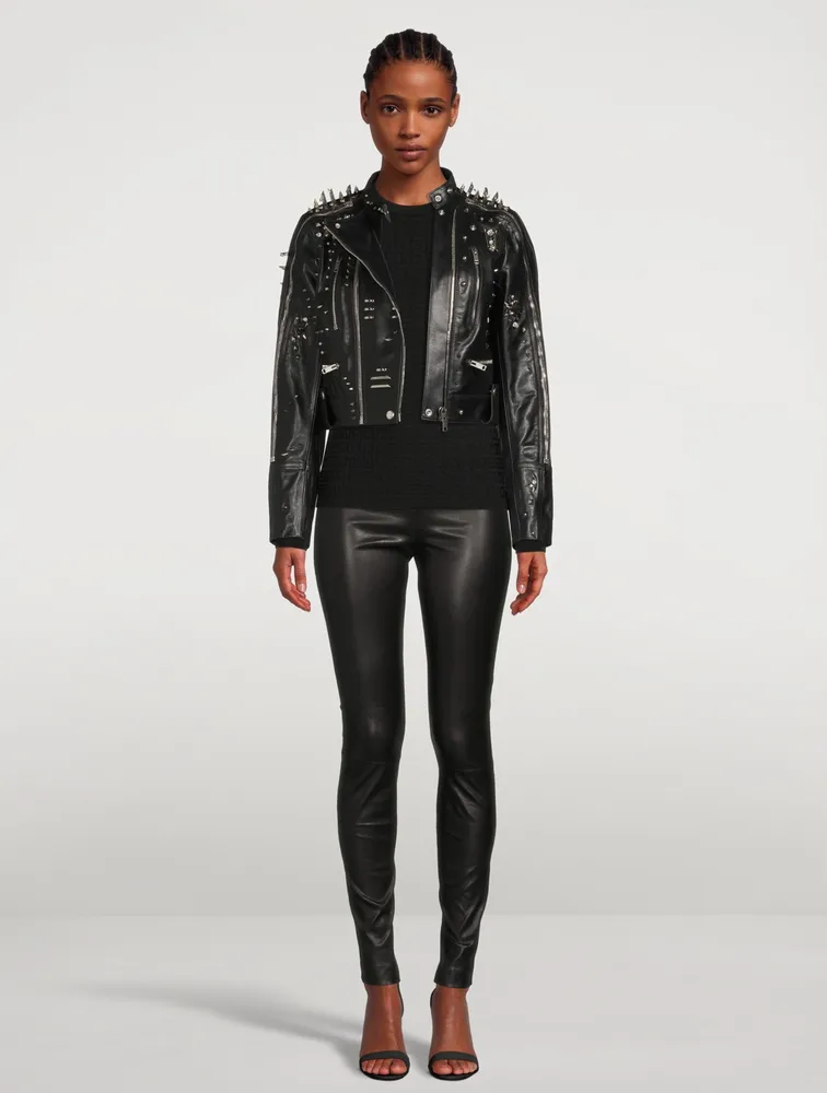 Leather Cropped Jacket With Metallic Studs