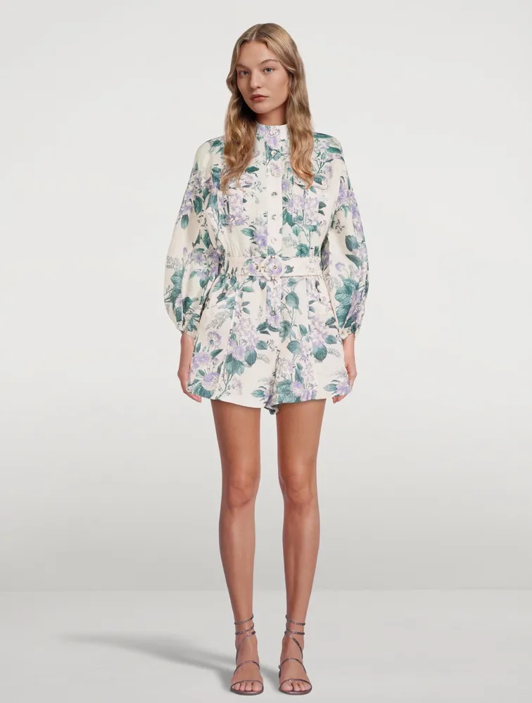 Cassia Linen Belted Playsuit Hydrangea Floral Print
