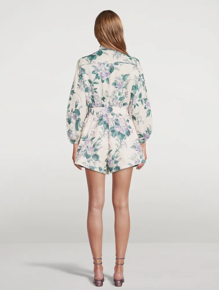 Cassia Linen Belted Playsuit Hydrangea Floral Print