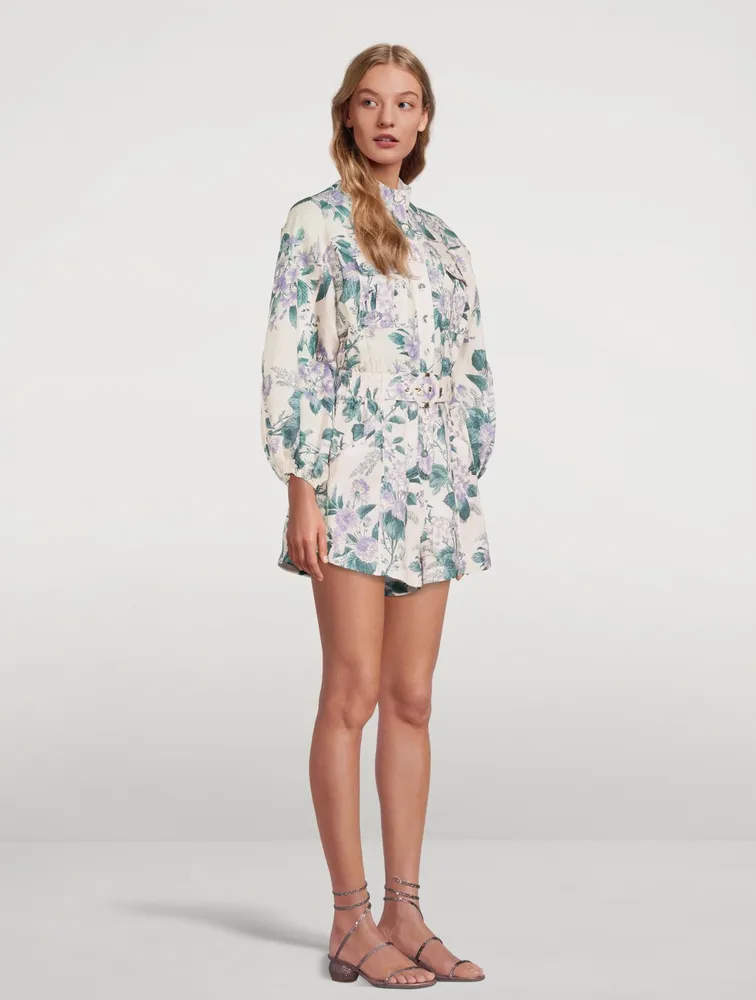 Cassia Linen Belted Playsuit Hydrangea Floral Print