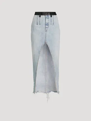 Leather-Trimmed Denim Maxi Skirt with Boning