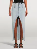 Leather-Trimmed Denim Maxi Skirt with Boning