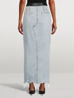 Leather-Trimmed Denim Maxi Skirt with Boning