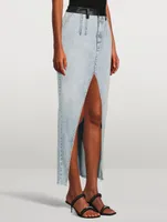 Leather-Trimmed Denim Maxi Skirt with Boning