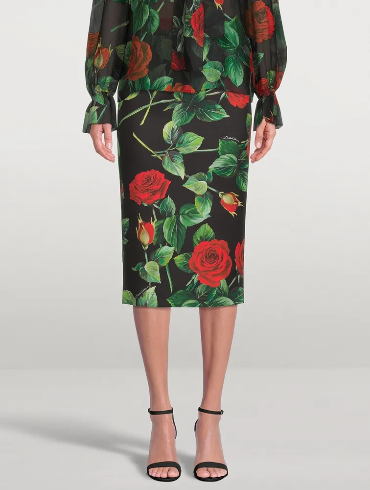 Neoprene Pencil Skirt Rose Print