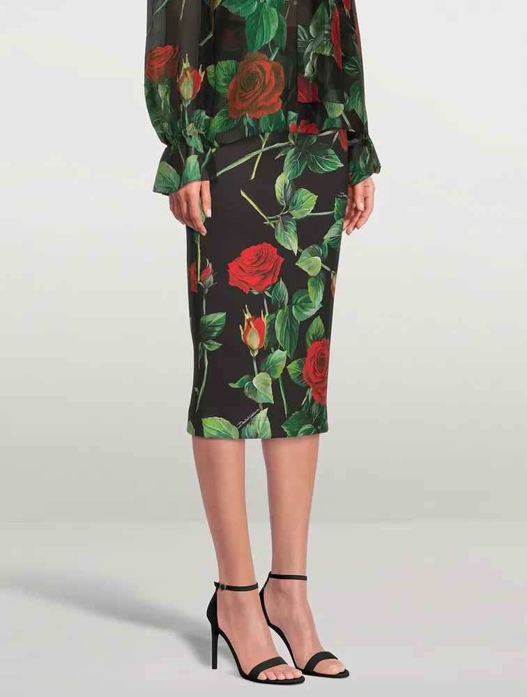 Neoprene Pencil Skirt Rose Print