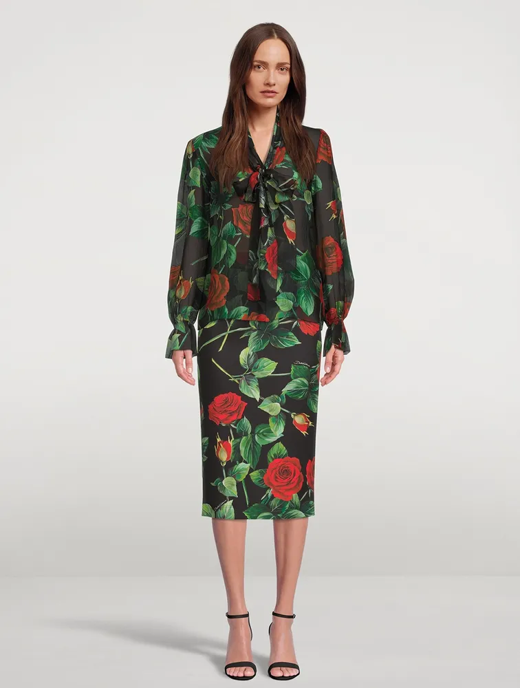Neoprene Pencil Skirt Rose Print