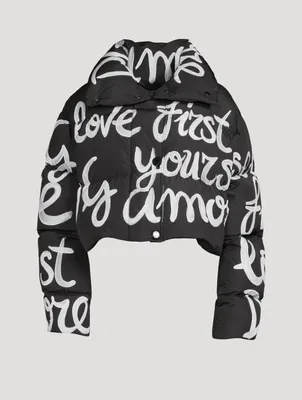 Cropped Puffer Jacket Graffiti Print