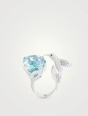 Hopi The Hummingbird White Gold Ring With Aquamarine And Diamonds