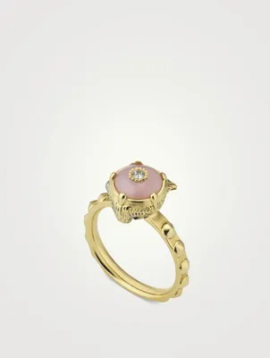 18K Gold Feline Head Ring With Pink Opal And Diamond