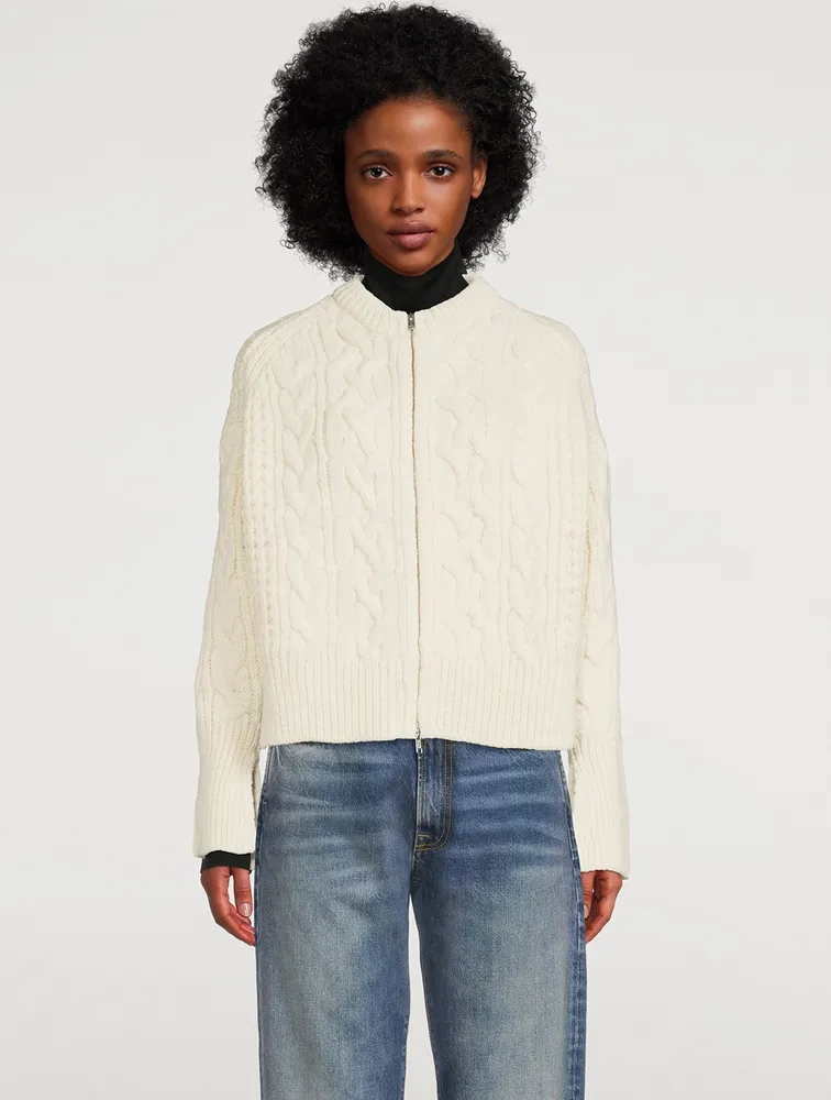 Cable-Knit Wool Zip-Front Cardigan