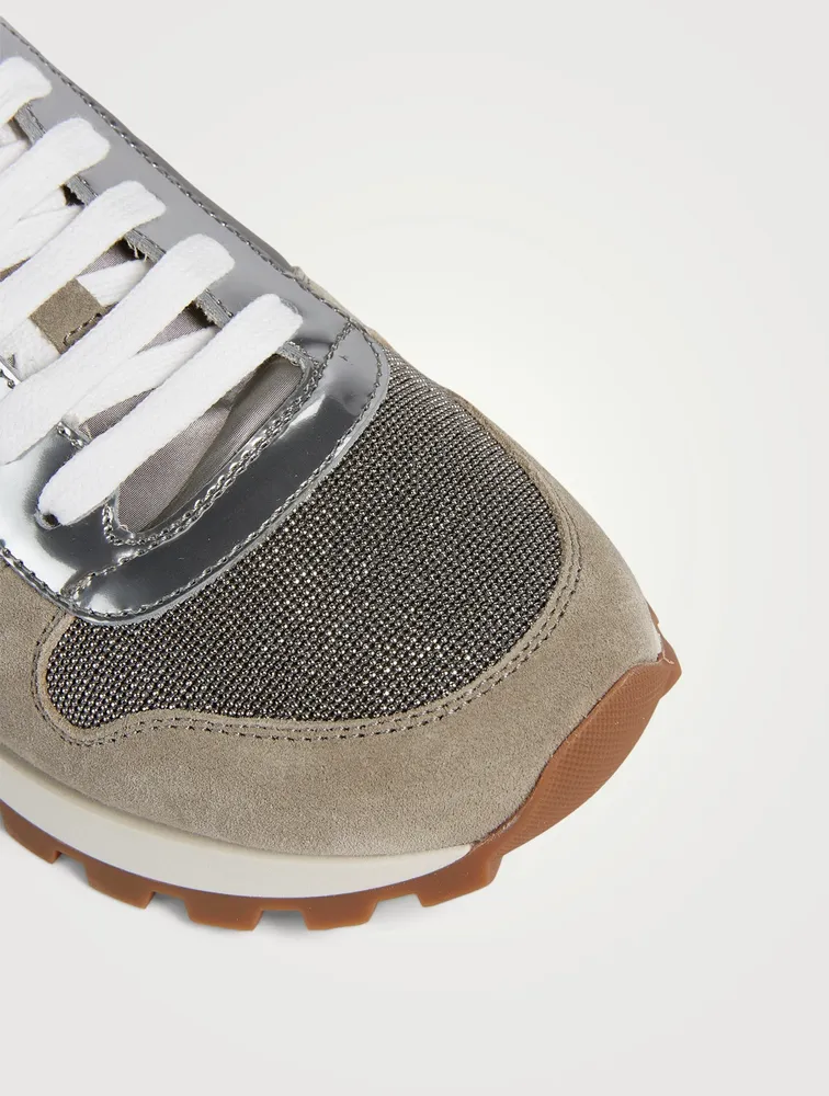 Suede and Techno Fabric Sneakers With Monili