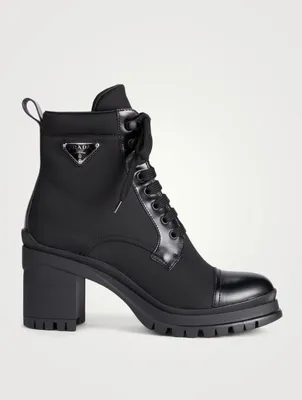 Re-Nylon And Leather Lace-Up Heeled Combat Boots