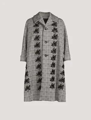 A-Line Coat Glen Check Print With Floral Embroidery