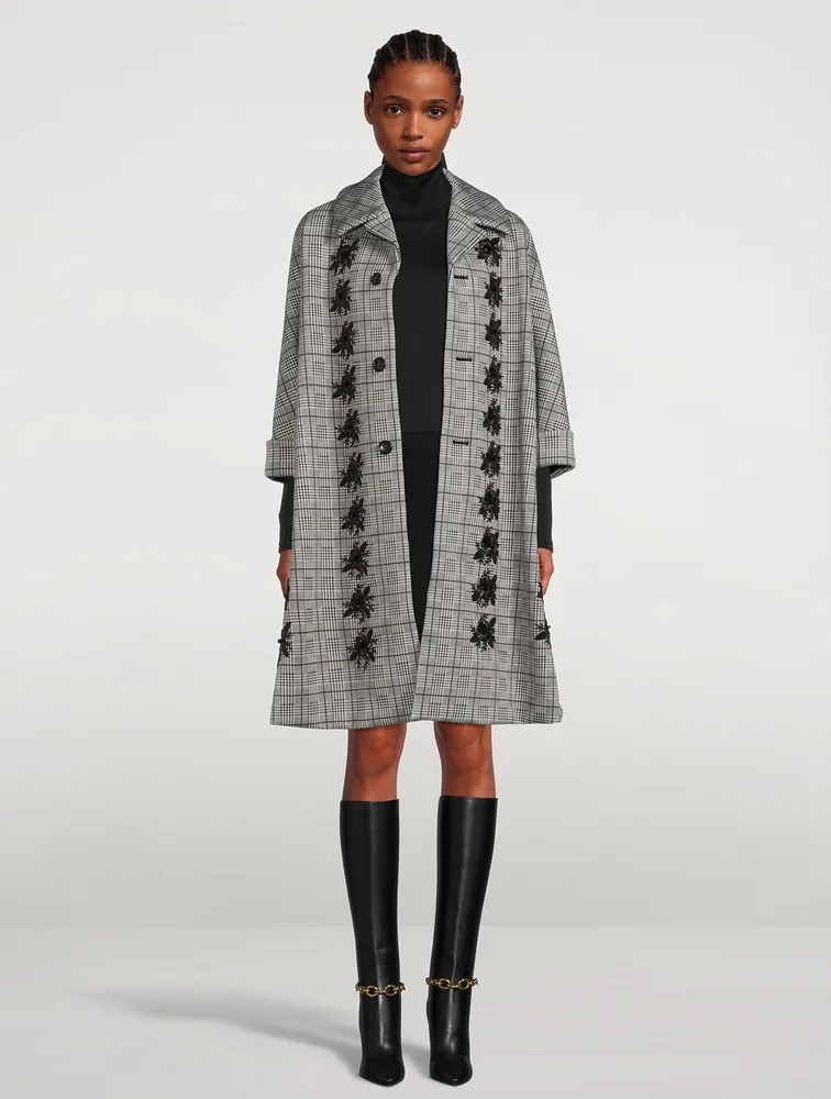 A-Line Coat Glen Check Print With Floral Embroidery