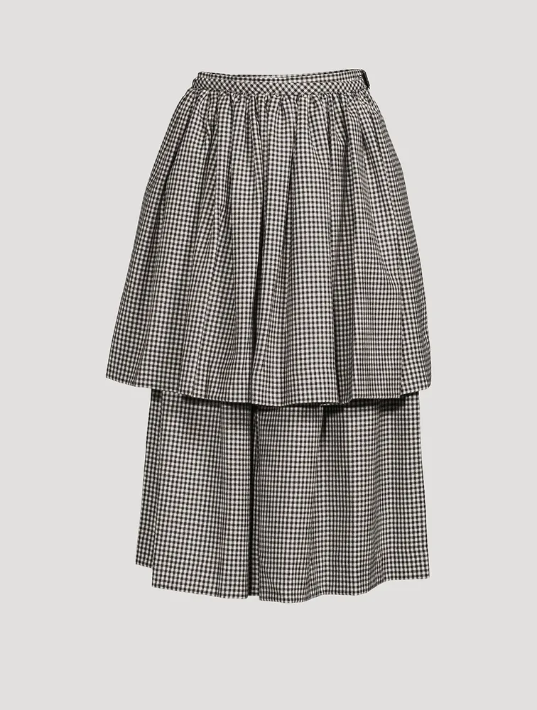 Layered Wool Midi Skirt Gingham Print